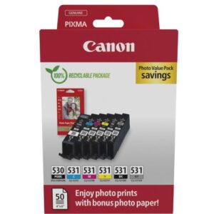 Canon 530 & 531 Full Set of 6 Original Ink Cartridges with 50 sheets Photo Paper PGI-530 CLI-531